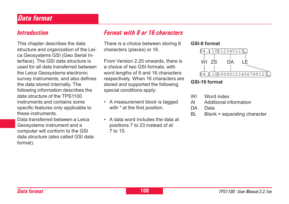 Data format, Format with 8 or 16 characters, Introduction | Leica Geosystems TPS1100 Professional Series - User Manual User Manual | Page 108 / 160