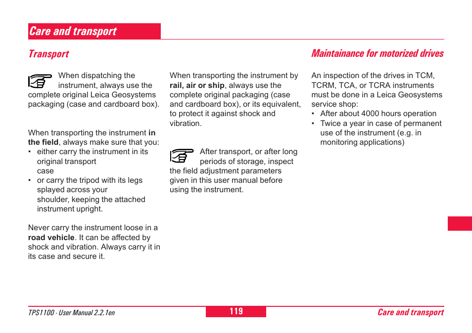 Care and transport, Transport, Maintainance for motorized drives | Leica Geosystems TPS1100 Professional Series - User Manual User Manual | Page 119 / 160