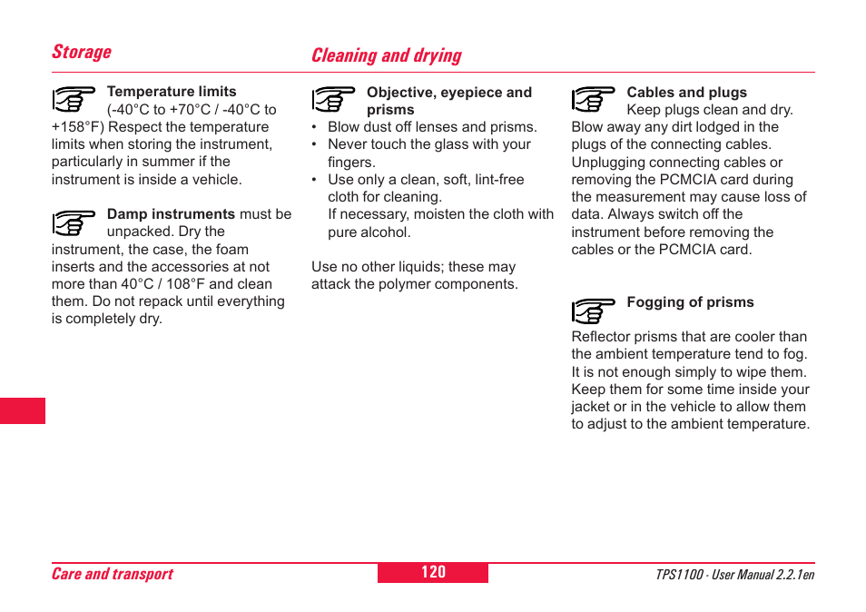 Cleaning and drying, Storage | Leica Geosystems TPS1100 Professional Series - User Manual User Manual | Page 120 / 160