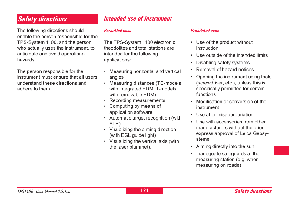 Safety directions, Intended use of instrument | Leica Geosystems TPS1100 Professional Series - User Manual User Manual | Page 121 / 160