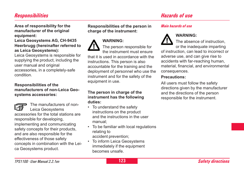 Responsibilities, Hazards of use | Leica Geosystems TPS1100 Professional Series - User Manual User Manual | Page 123 / 160