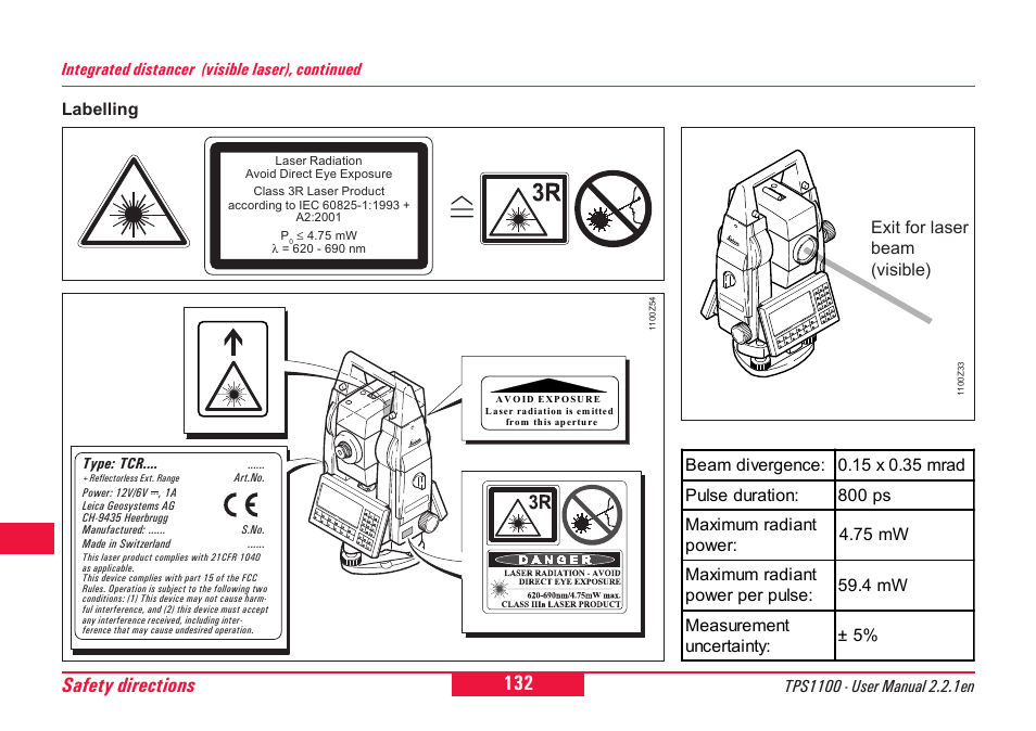 Safety directions, 6integrated distancer (visible laser), continued, Labelling exit for laser beam (visible) | Leica Geosystems TPS1100 Professional Series - User Manual User Manual | Page 132 / 160
