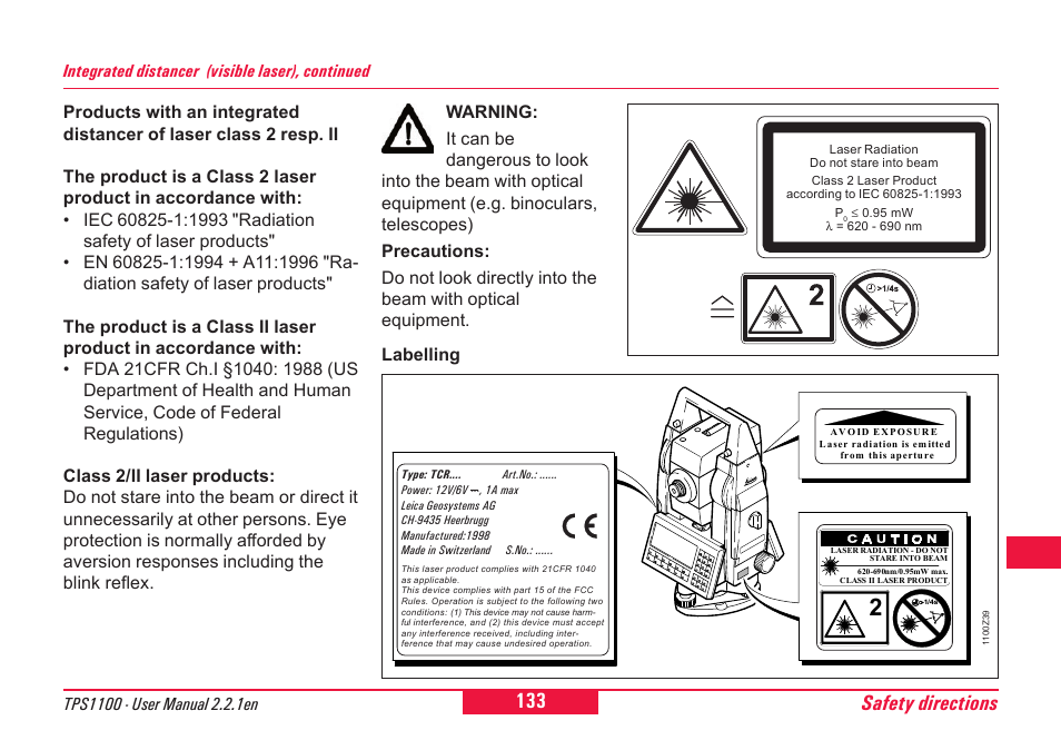 Safety directions | Leica Geosystems TPS1100 Professional Series - User Manual User Manual | Page 133 / 160