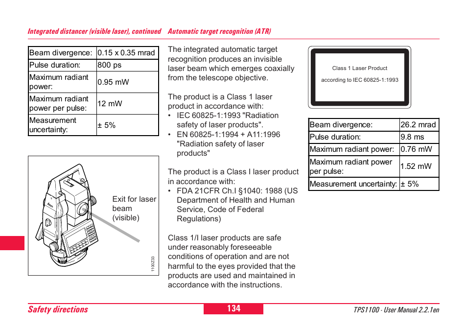 Safety directions | Leica Geosystems TPS1100 Professional Series - User Manual User Manual | Page 134 / 160