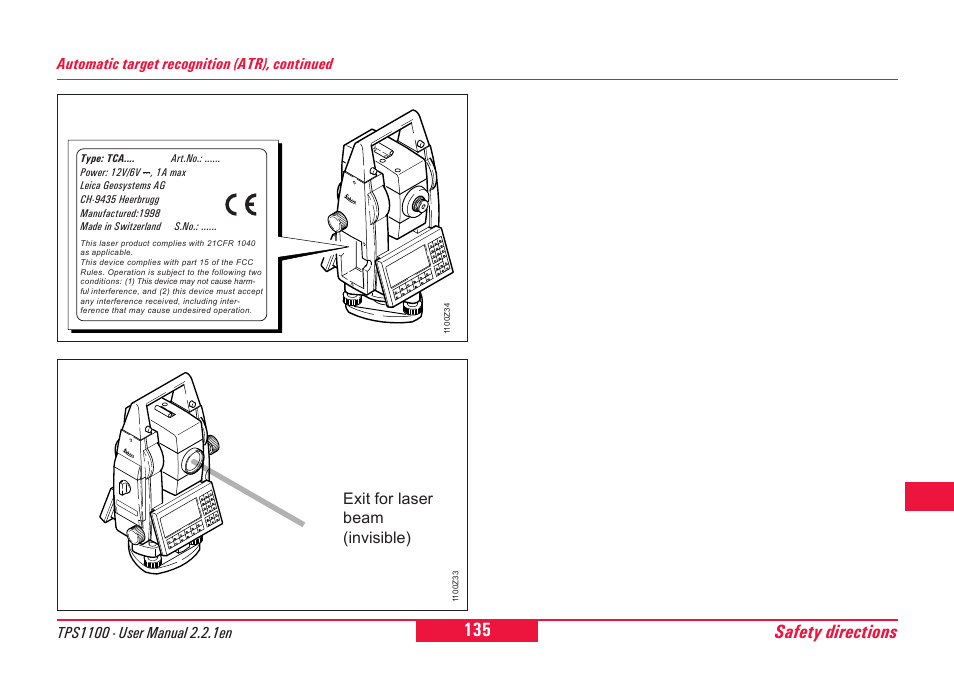 Safety directions | Leica Geosystems TPS1100 Professional Series - User Manual User Manual | Page 135 / 160