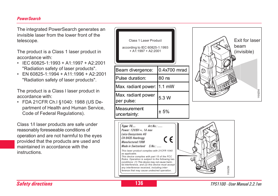 Safety directions | Leica Geosystems TPS1100 Professional Series - User Manual User Manual | Page 136 / 160