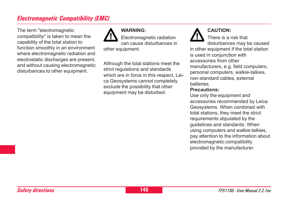 Electromagnetic compatibility (emc) | Leica Geosystems TPS1100 Professional Series - User Manual User Manual | Page 140 / 160