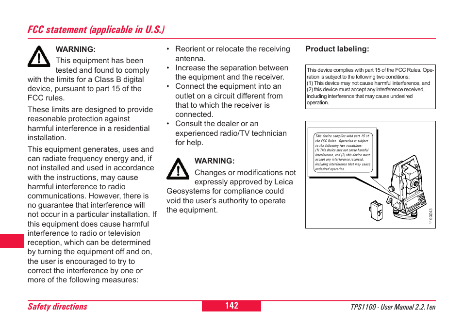 Fcc statement (applicable in u.s.) | Leica Geosystems TPS1100 Professional Series - User Manual User Manual | Page 142 / 160