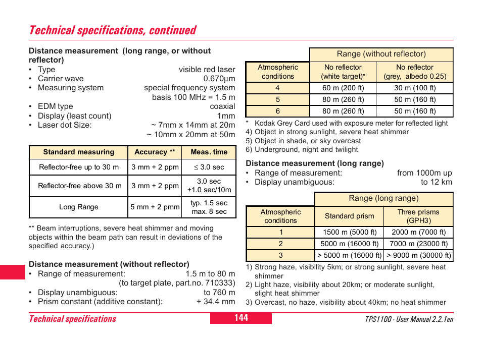 Technical specifications, continued, Technical specifications | Leica Geosystems TPS1100 Professional Series - User Manual User Manual | Page 144 / 160