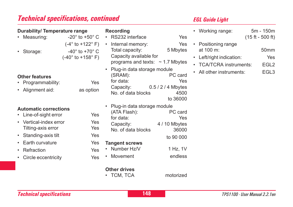 Technical specifications, continued | Leica Geosystems TPS1100 Professional Series - User Manual User Manual | Page 148 / 160