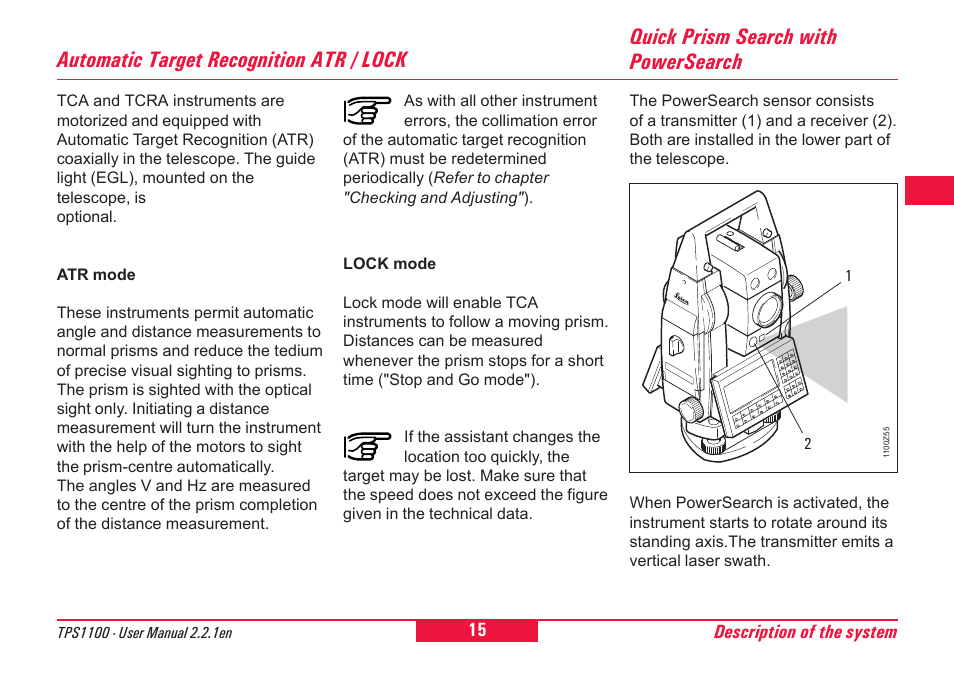 Automatic target recognition atr / lock, Quick prism search with powersearch | Leica Geosystems TPS1100 Professional Series - User Manual User Manual | Page 15 / 160