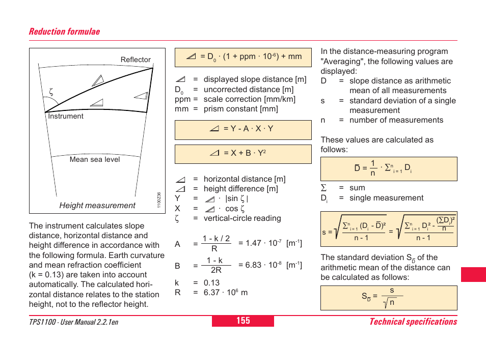 Technical specifications, Reduction formulae | Leica Geosystems TPS1100 Professional Series - User Manual User Manual | Page 155 / 160