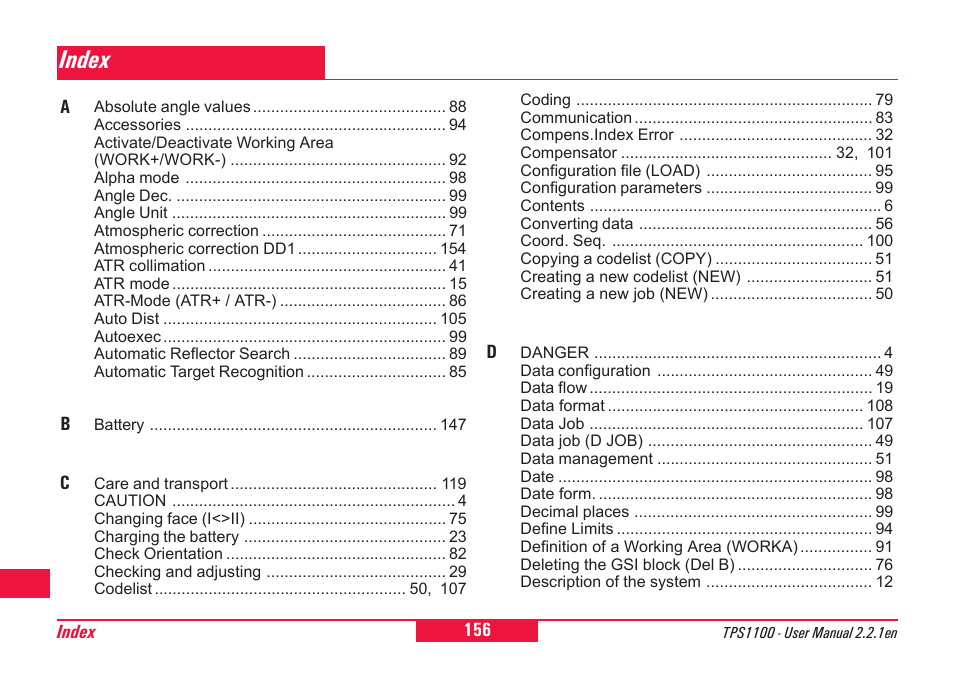 Index | Leica Geosystems TPS1100 Professional Series - User Manual User Manual | Page 156 / 160
