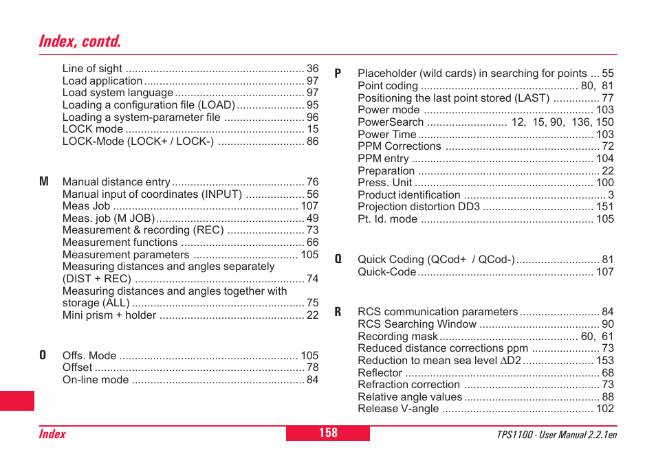 Index, contd | Leica Geosystems TPS1100 Professional Series - User Manual User Manual | Page 158 / 160