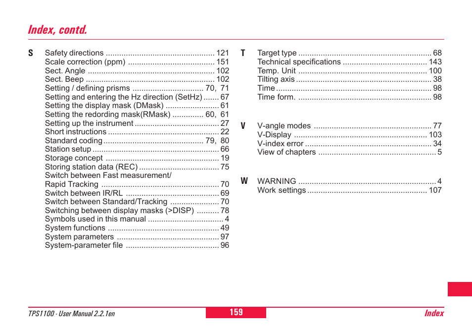 Index, contd | Leica Geosystems TPS1100 Professional Series - User Manual User Manual | Page 159 / 160
