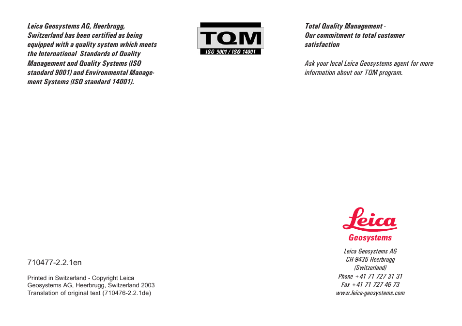Leica Geosystems TPS1100 Professional Series - User Manual User Manual | Page 160 / 160