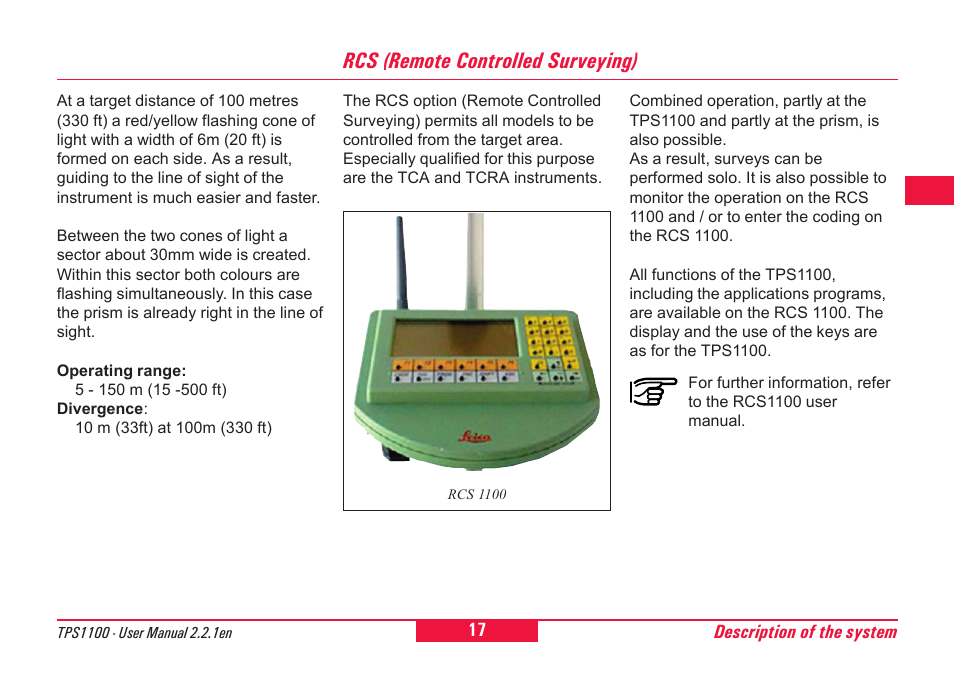 Rcs (remote controlled surveying) | Leica Geosystems TPS1100 Professional Series - User Manual User Manual | Page 17 / 160