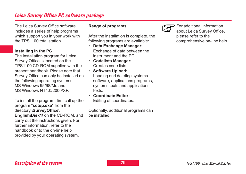 Leica survey office pc software package | Leica Geosystems TPS1100 Professional Series - User Manual User Manual | Page 20 / 160