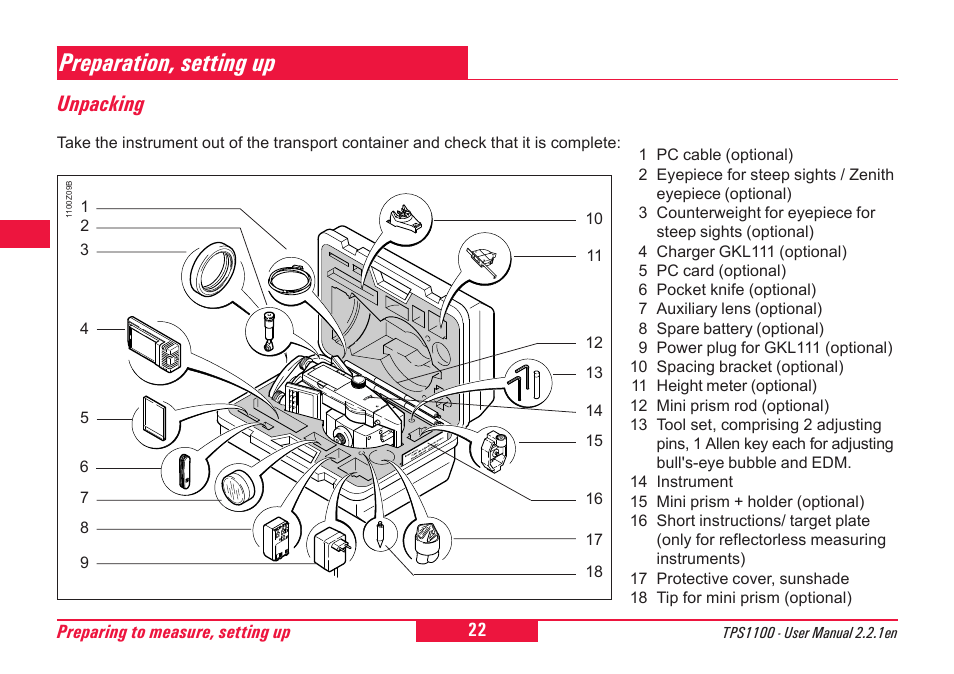 Preparation, setting up, Unpacking | Leica Geosystems TPS1100 Professional Series - User Manual User Manual | Page 22 / 160