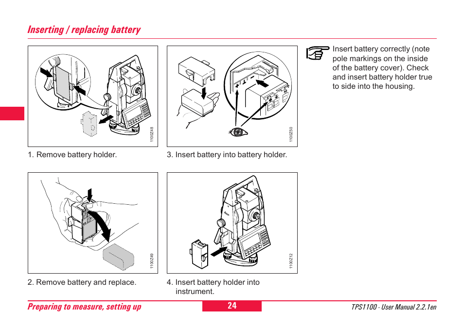 Inserting / replacing battery, Preparing to measure, setting up | Leica Geosystems TPS1100 Professional Series - User Manual User Manual | Page 24 / 160