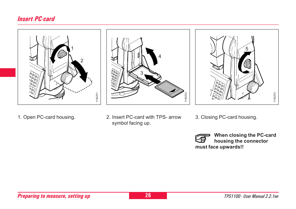Insert pc-card, Preparing to measure, setting up | Leica Geosystems TPS1100 Professional Series - User Manual User Manual | Page 26 / 160