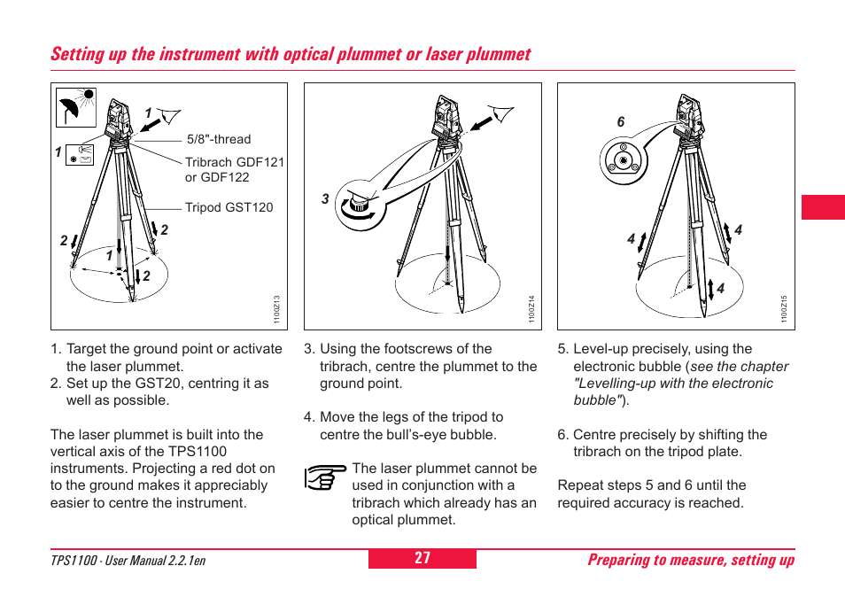 Preparing to measure, setting up | Leica Geosystems TPS1100 Professional Series - User Manual User Manual | Page 27 / 160
