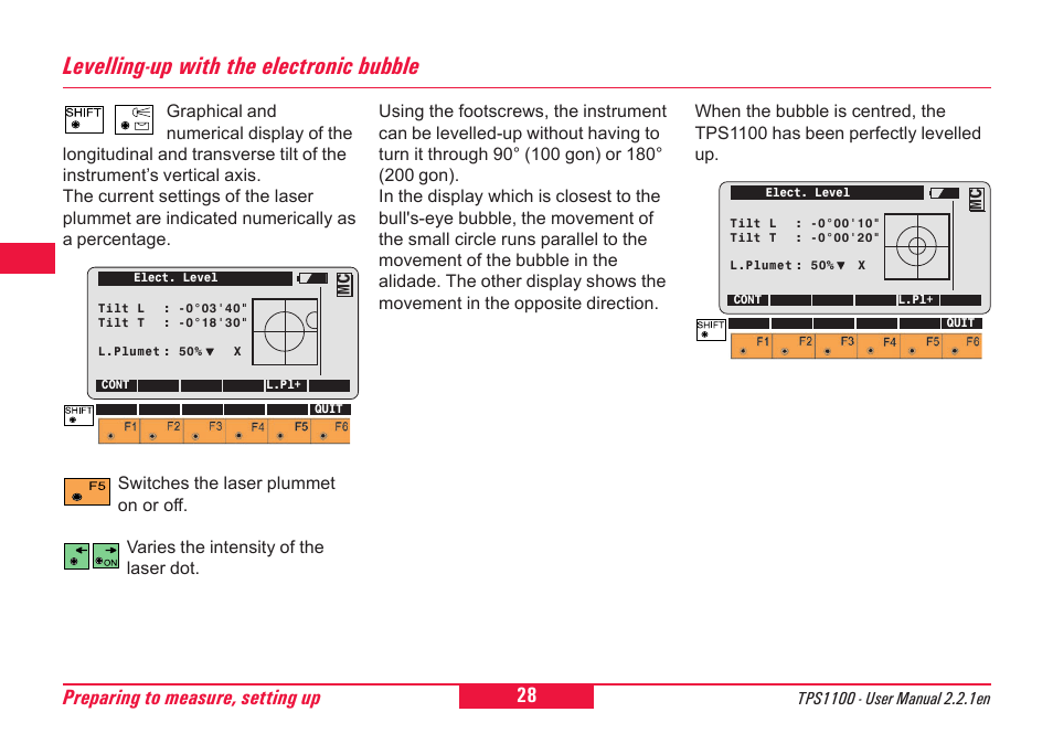 Levelling-up with the electronic bubble, Preparing to measure, setting up | Leica Geosystems TPS1100 Professional Series - User Manual User Manual | Page 28 / 160