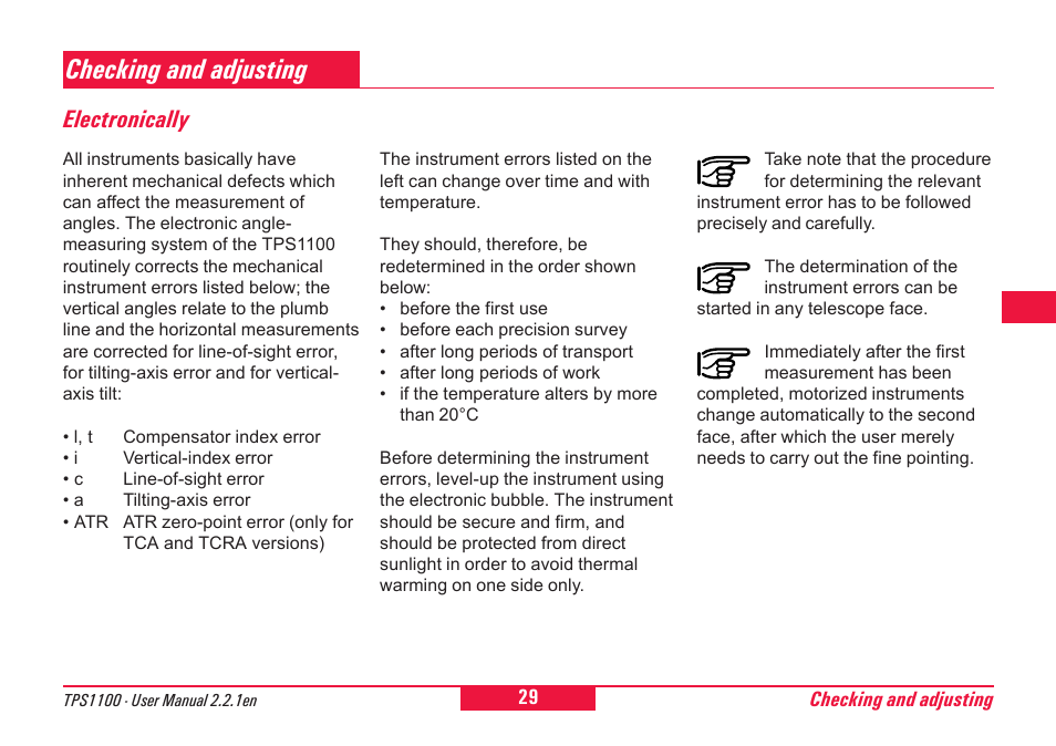 Checking and adjusting, Electronically | Leica Geosystems TPS1100 Professional Series - User Manual User Manual | Page 29 / 160
