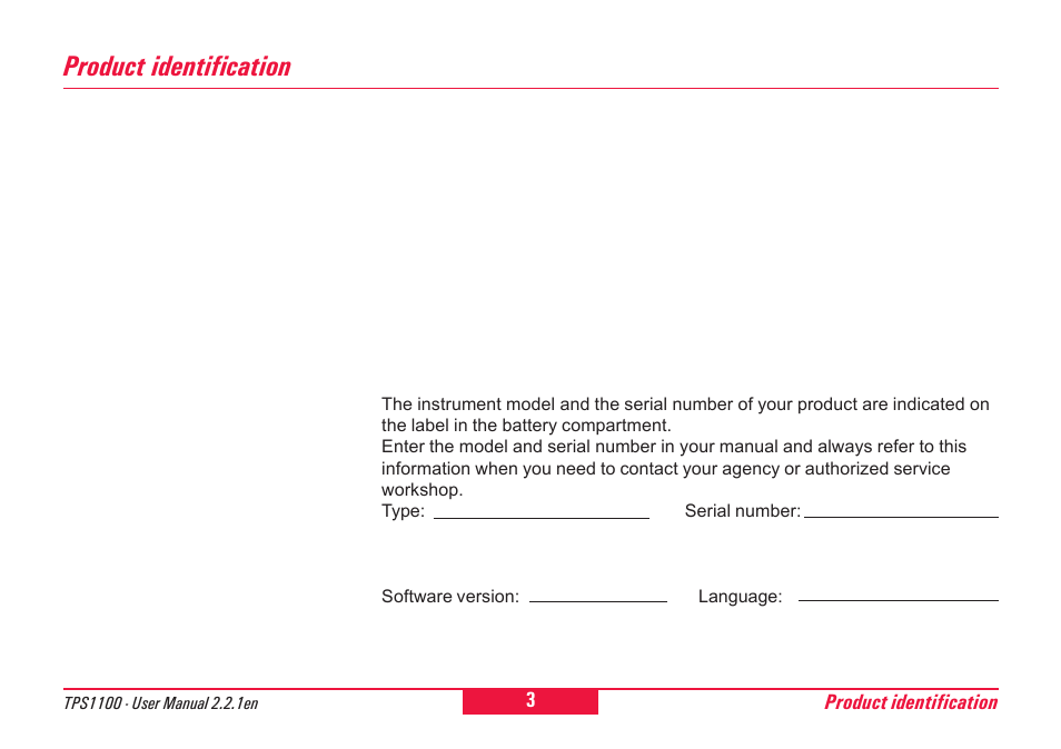 Product identification | Leica Geosystems TPS1100 Professional Series - User Manual User Manual | Page 3 / 160
