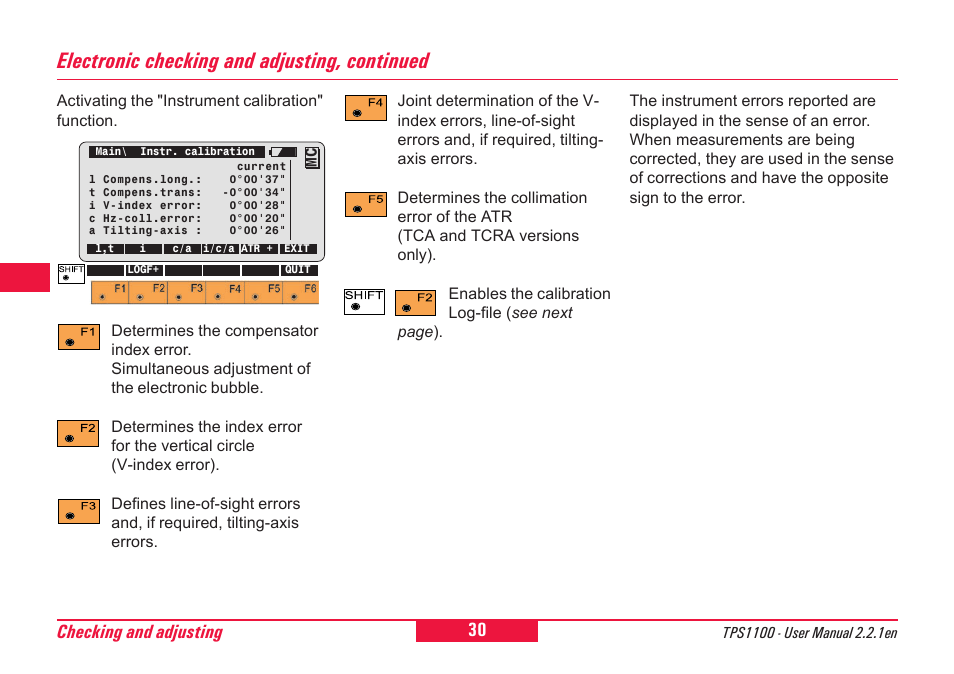 Electronic checking and adjusting, continued, Checking and adjusting | Leica Geosystems TPS1100 Professional Series - User Manual User Manual | Page 30 / 160