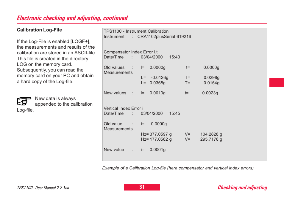 Electronic checking and adjusting, continued, Checking and adjusting | Leica Geosystems TPS1100 Professional Series - User Manual User Manual | Page 31 / 160
