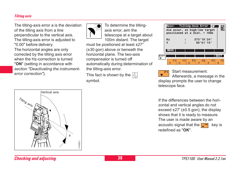 Checking and adjusting | Leica Geosystems TPS1100 Professional Series - User Manual User Manual | Page 38 / 160