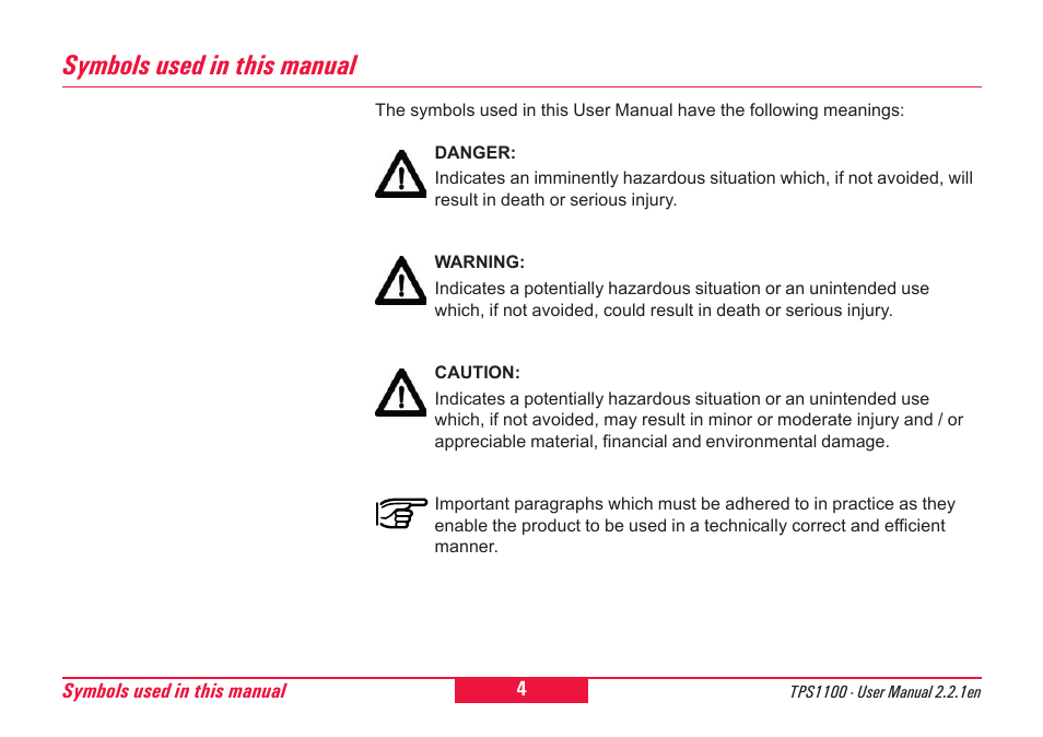 Symbols used in this manual | Leica Geosystems TPS1100 Professional Series - User Manual User Manual | Page 4 / 160