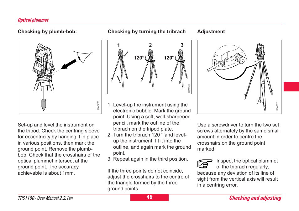 Checking and adjusting | Leica Geosystems TPS1100 Professional Series - User Manual User Manual | Page 45 / 160