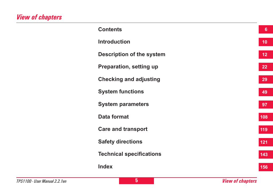 View of chapters | Leica Geosystems TPS1100 Professional Series - User Manual User Manual | Page 5 / 160