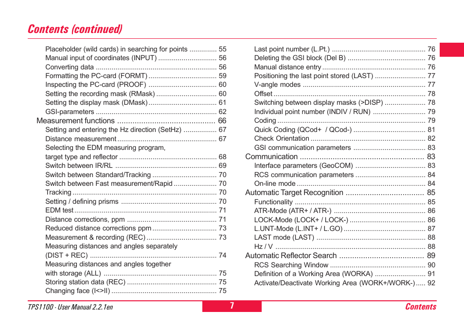 Contents (continued) | Leica Geosystems TPS1100 Professional Series - User Manual User Manual | Page 7 / 160