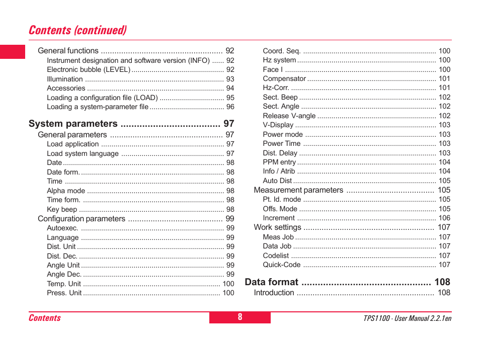 Contents (continued) | Leica Geosystems TPS1100 Professional Series - User Manual User Manual | Page 8 / 160