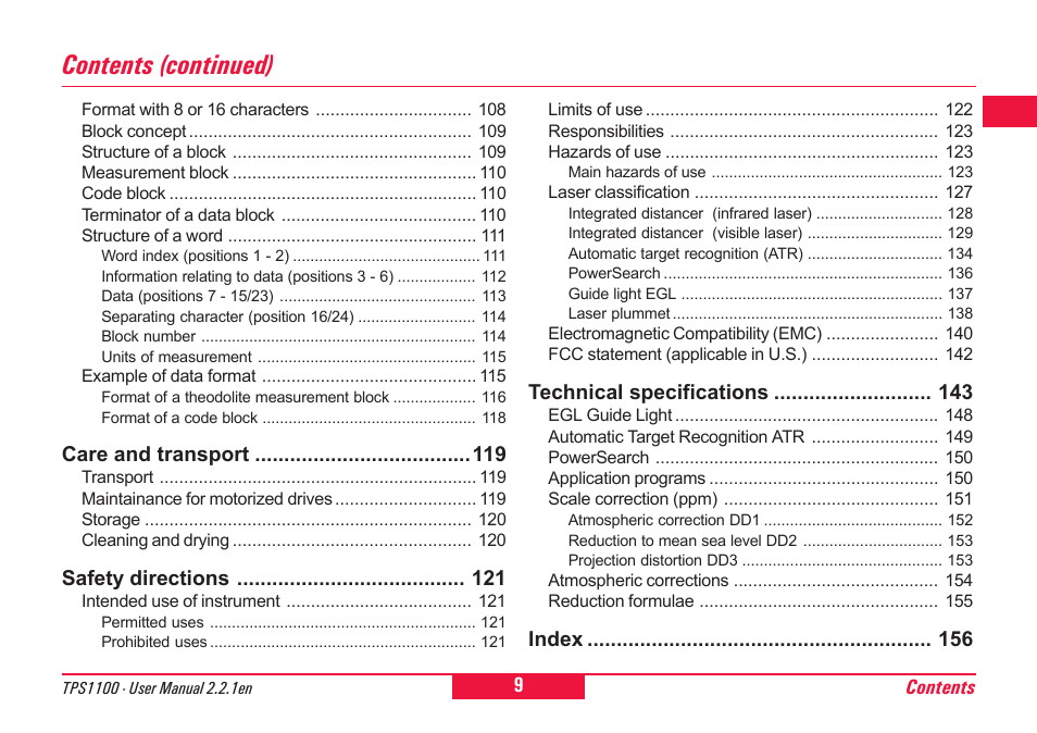 Contents (continued) | Leica Geosystems TPS1100 Professional Series - User Manual User Manual | Page 9 / 160