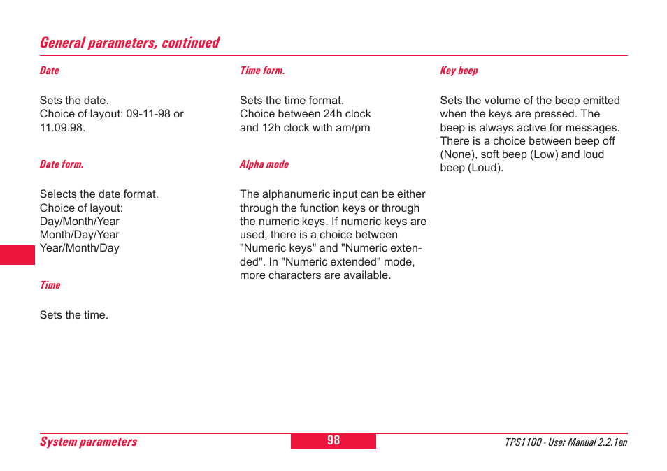 General parameters, continued | Leica Geosystems TPS1100 Professional Series - User Manual User Manual | Page 98 / 160