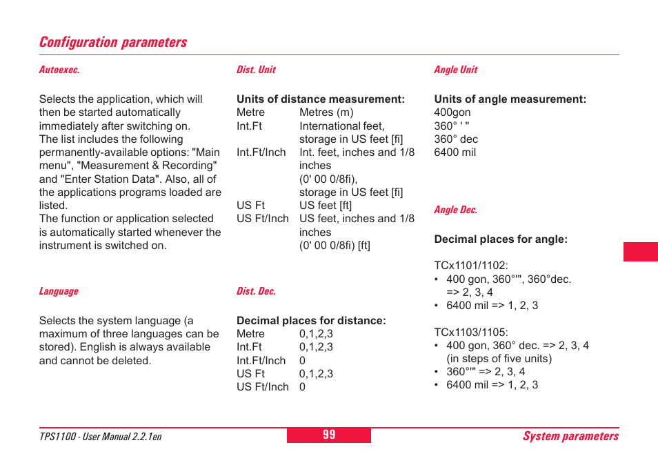 Configuration parameters | Leica Geosystems TPS1100 Professional Series - User Manual User Manual | Page 99 / 160