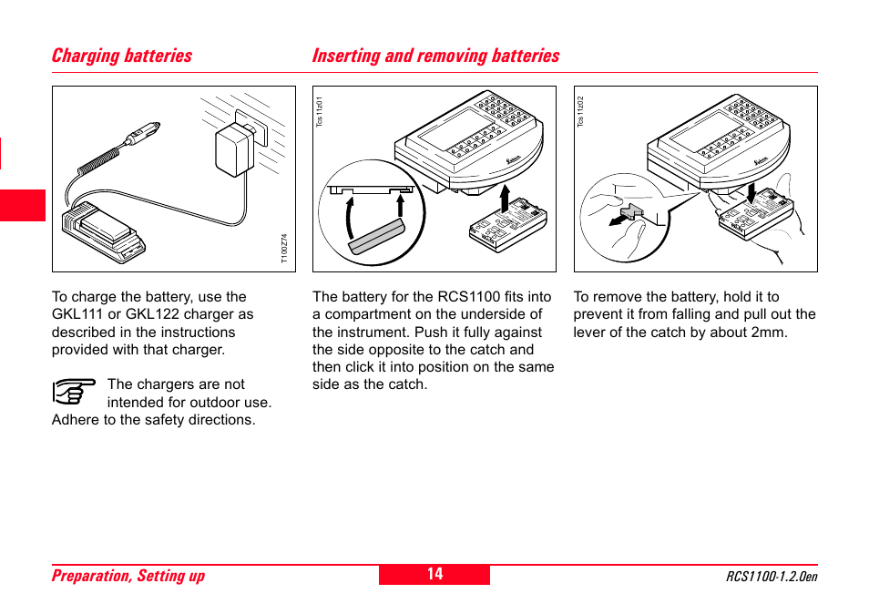 Charging batteries, Inserting and removing batteries, Chargers | 14 preparation, setting up | Leica Geosystems RCS1100 Series User Manual | Page 14 / 44