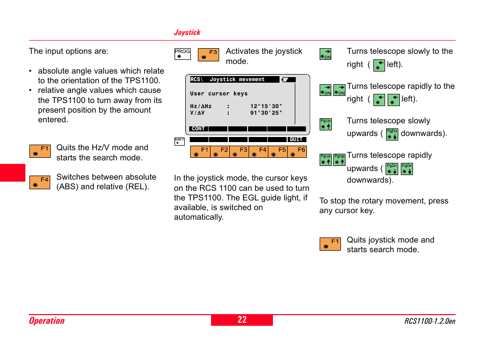 Joystick, Absolute angle values, Relative angle values | 22 operation | Leica Geosystems RCS1100 Series User Manual | Page 22 / 44