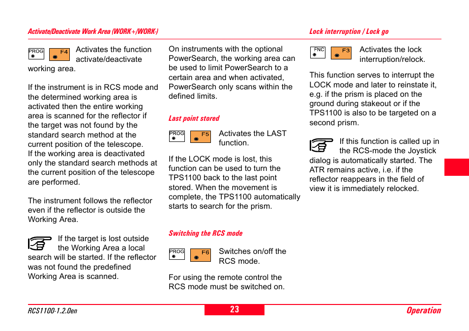 Activate/deactivate work area (work+/work-), Last point stored, Switching the rcs mode | Lock interruption / lock go | Leica Geosystems RCS1100 Series User Manual | Page 23 / 44