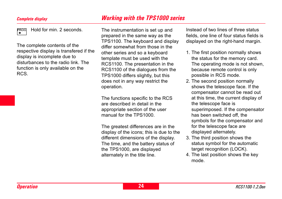 Complete display, Working with the tps1000 series | Leica Geosystems RCS1100 Series User Manual | Page 24 / 44