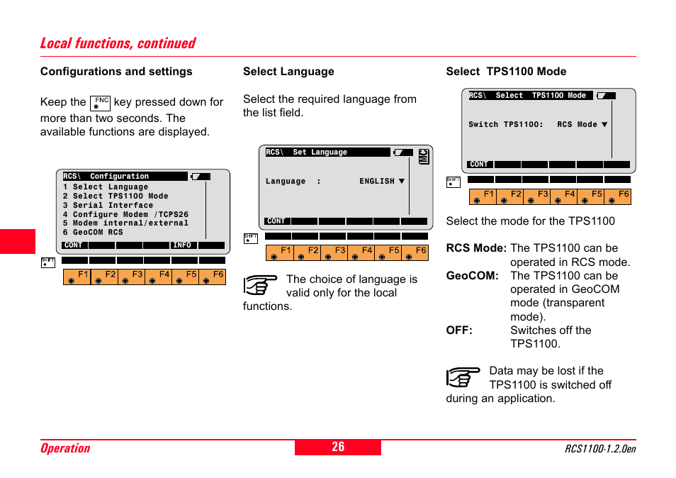 Language, Local functions, continued, 26 operation | Leica Geosystems RCS1100 Series User Manual | Page 26 / 44