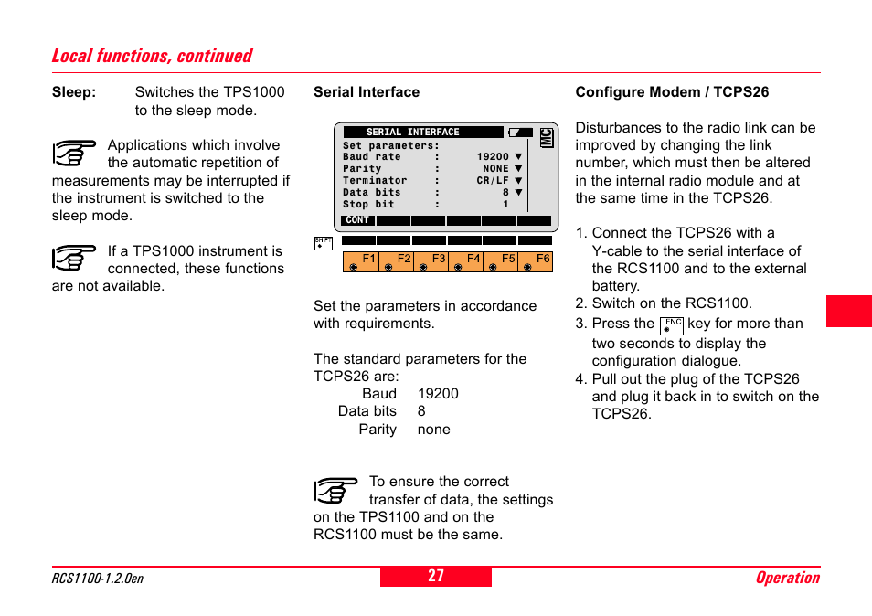 Serial interface, Local functions, continued | Leica Geosystems RCS1100 Series User Manual | Page 27 / 44