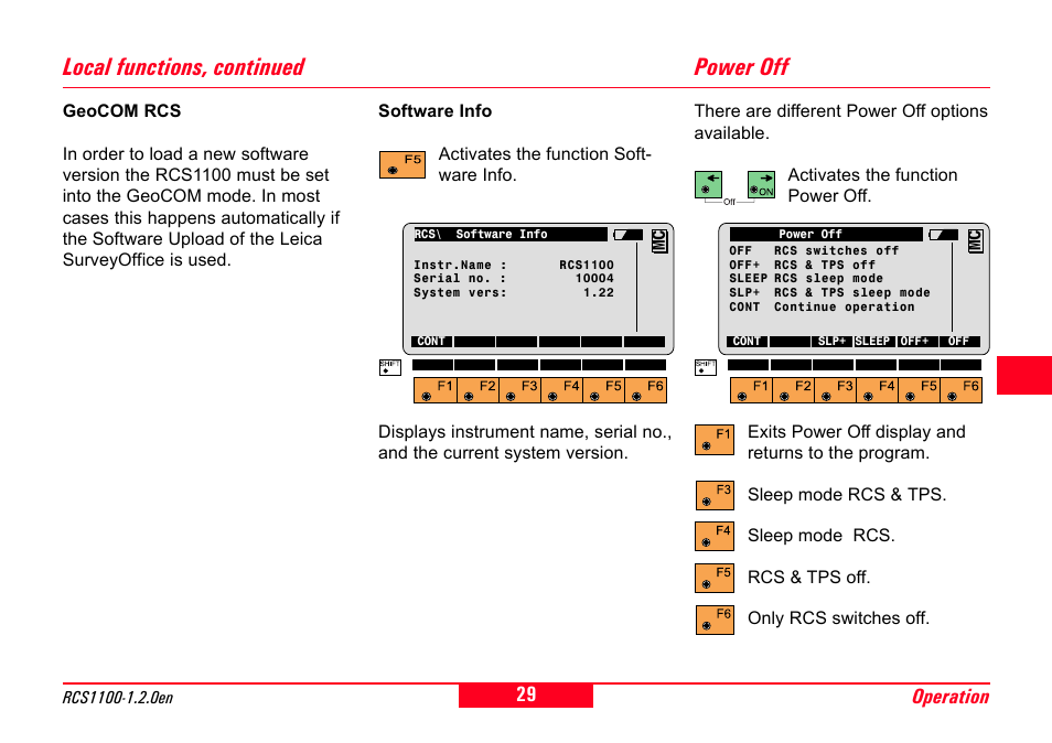 Power off, Software info, Local functions, continued | Leica Geosystems RCS1100 Series User Manual | Page 29 / 44