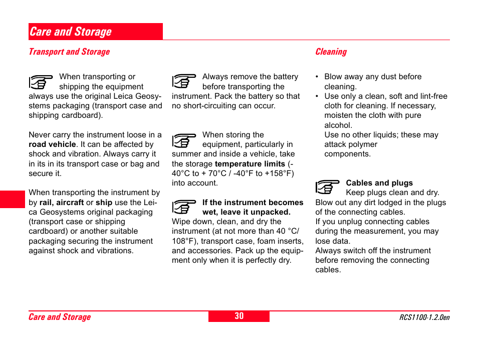 Care and storage, Transport and storage, Cleaning | Dust, Plugs, Temperature, Transport and storage cleaning | Leica Geosystems RCS1100 Series User Manual | Page 30 / 44