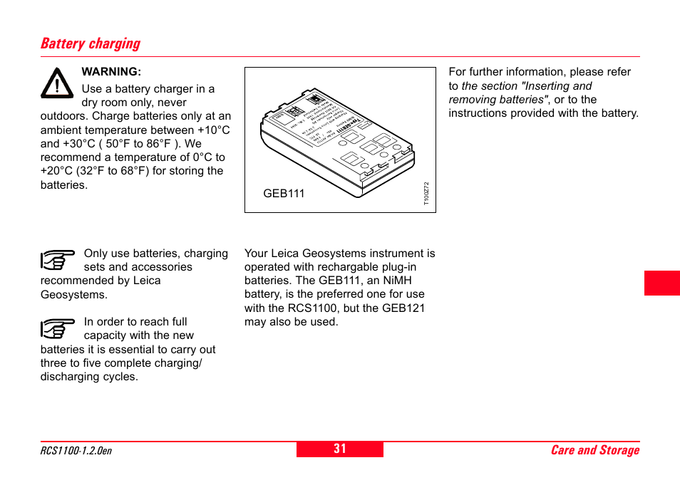 Battery charging | Leica Geosystems RCS1100 Series User Manual | Page 31 / 44