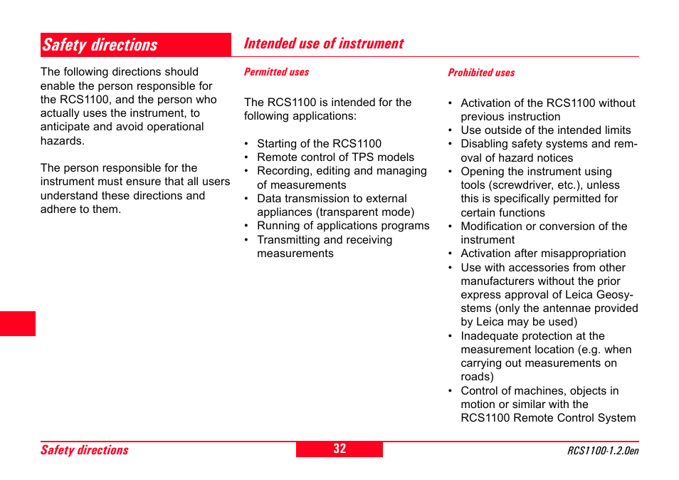 Safety directions, Intended use of instrument, Permitted uses | Prohibited uses, Permitted uses prohibited uses | Leica Geosystems RCS1100 Series User Manual | Page 32 / 44